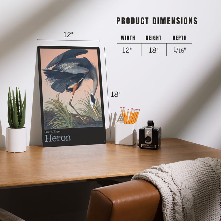 Audubon Birds of North America, Blue Heron, 12x18 Metal Sign