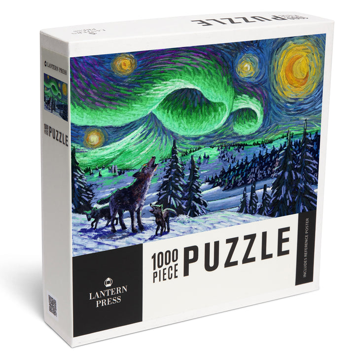 Starry Night, Northern Lights with Wolf and Cubs, 1000 Piece Jigsaw Puzzle