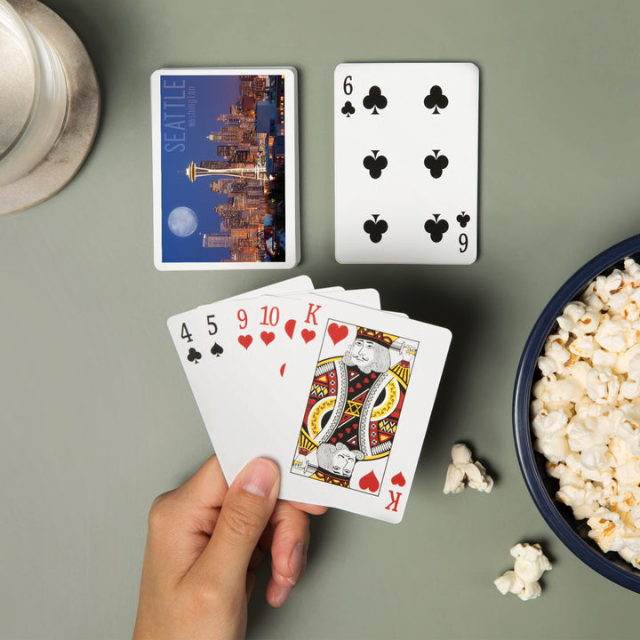 Playing Cards, Seattle, Washington, Skyline and Full Moon, 52 Card Deck with Jokers in Box, Unique Art