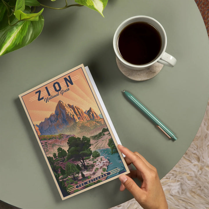 Lined 6x9 Journal, Zion National Park, Utah, The Watchman, Lithograph National Park Series, Lay Flat, 193 Pages, FSC paper