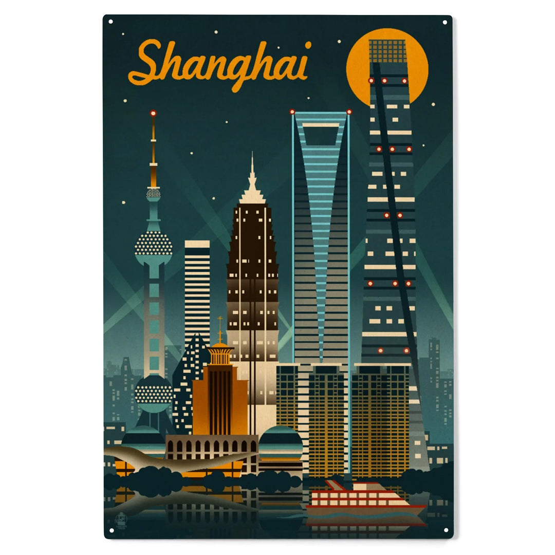 Shanghai, China, Retro Skyline, Wood Sign and Postcards