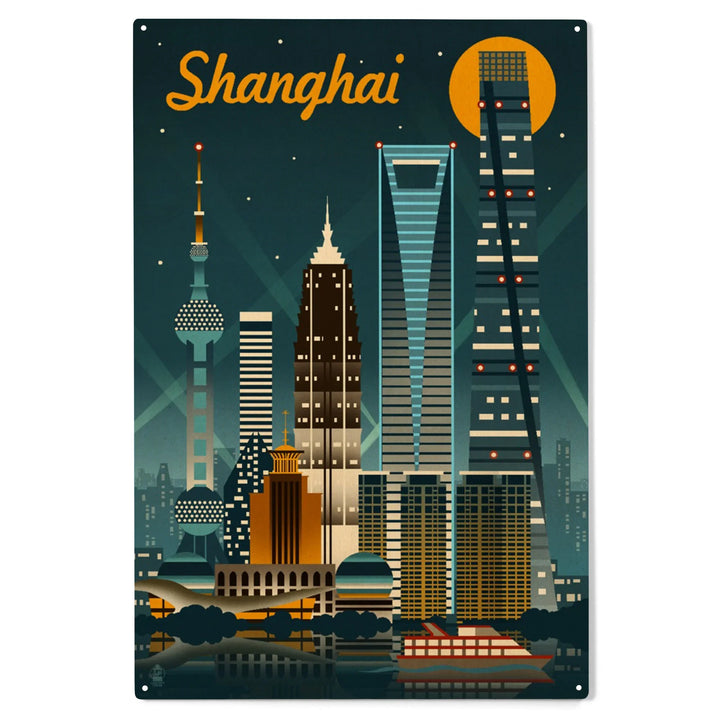 Shanghai, China, Retro Skyline, Wood Sign and Postcards