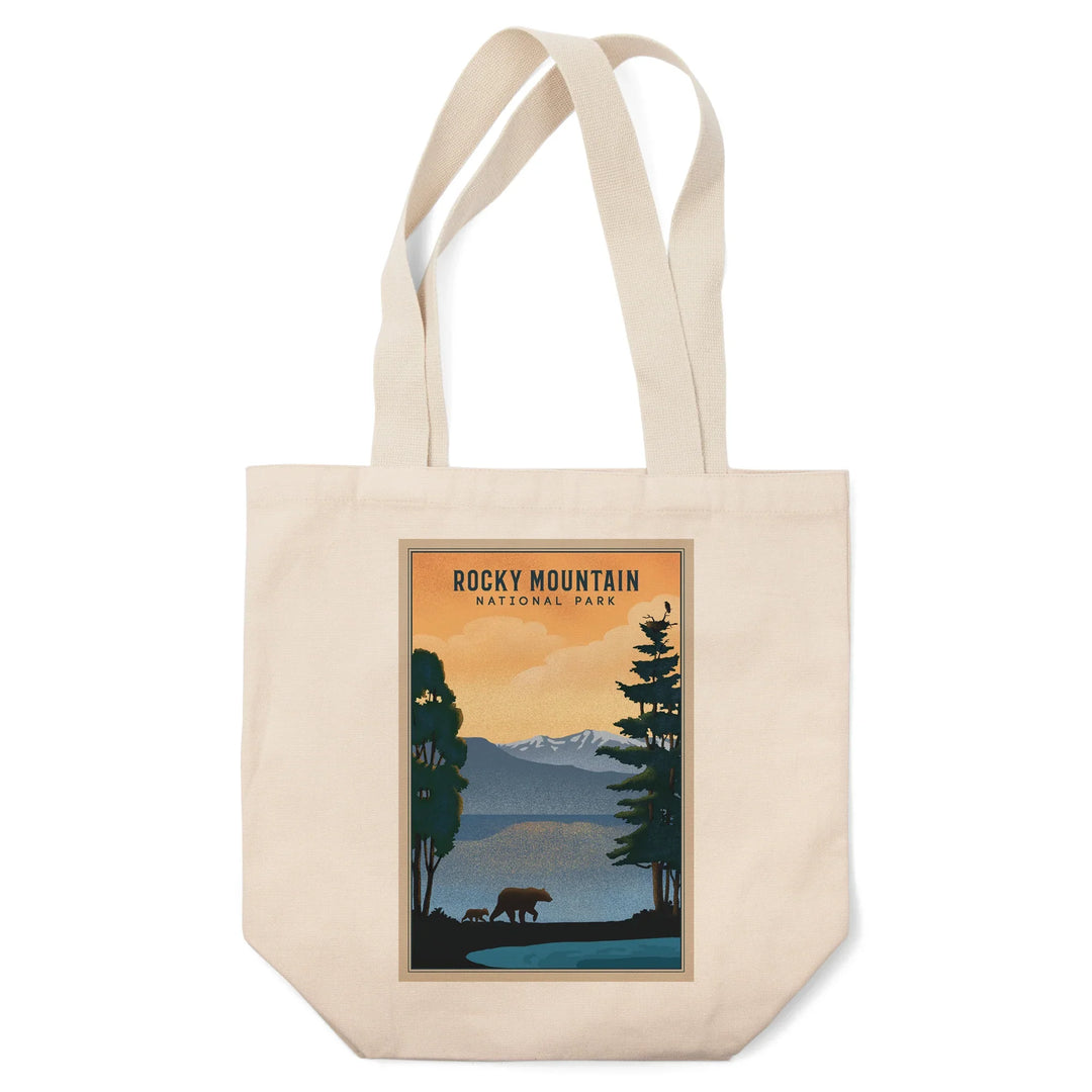 Rocky Mountain National Park, Black Bear and Lake, Lithograph, Tote Bag
