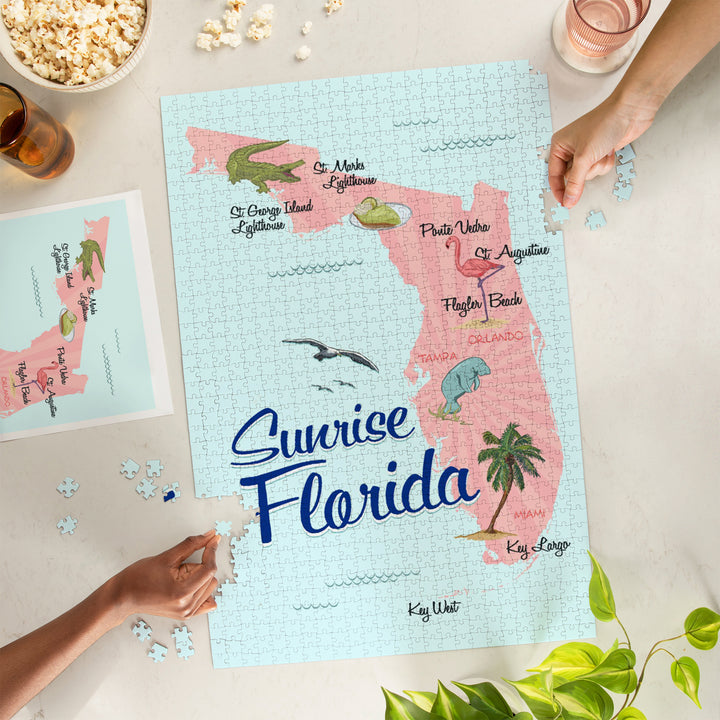 Sunrise, Florida, Typography and Icons, Pink and Blue, Jigsaw Puzzle