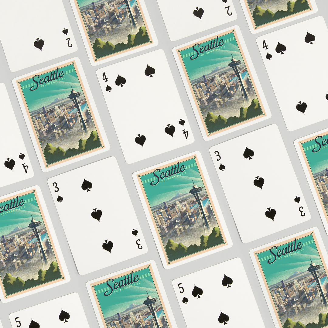 Playing Cards, Seattle, Washington, Skyline, Lithograph, 52 Card Deck with Jokers in Box, Unique Art