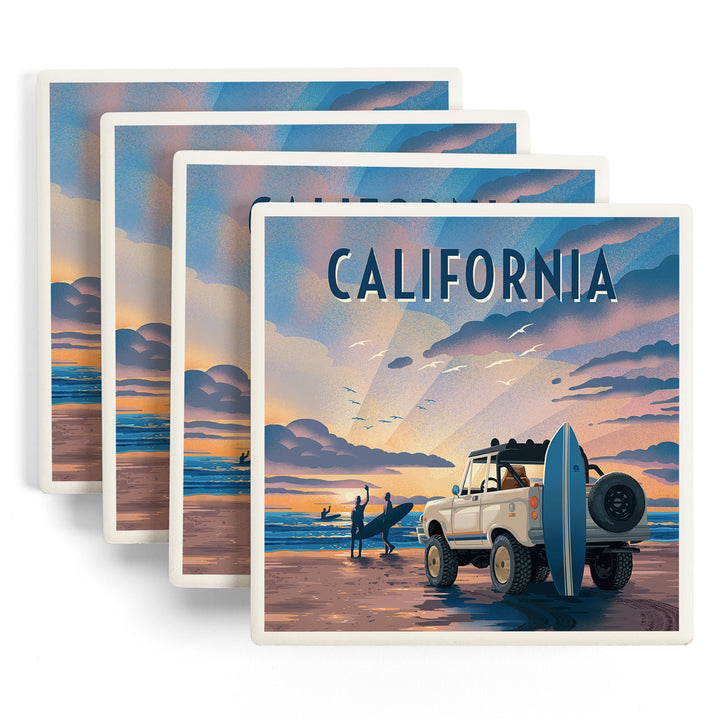 California, Lithograph, Wake Up, Surf's Up, Surfers on Beach, Coaster Set