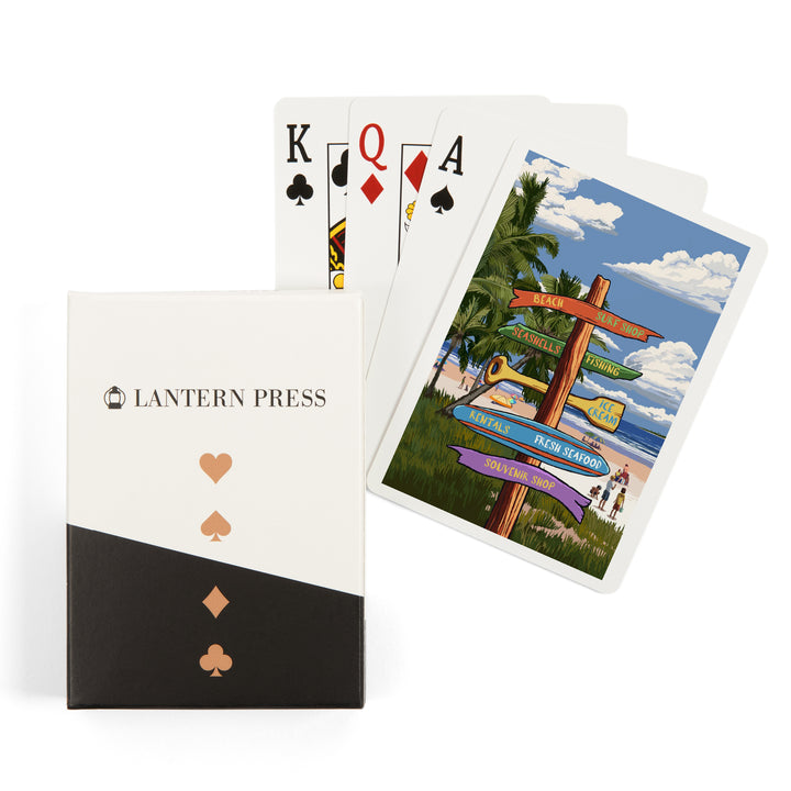 Playing Cards, Signpost, Coast Beach with Palms, 52 Card Deck with Jokers in Box, Unique Art