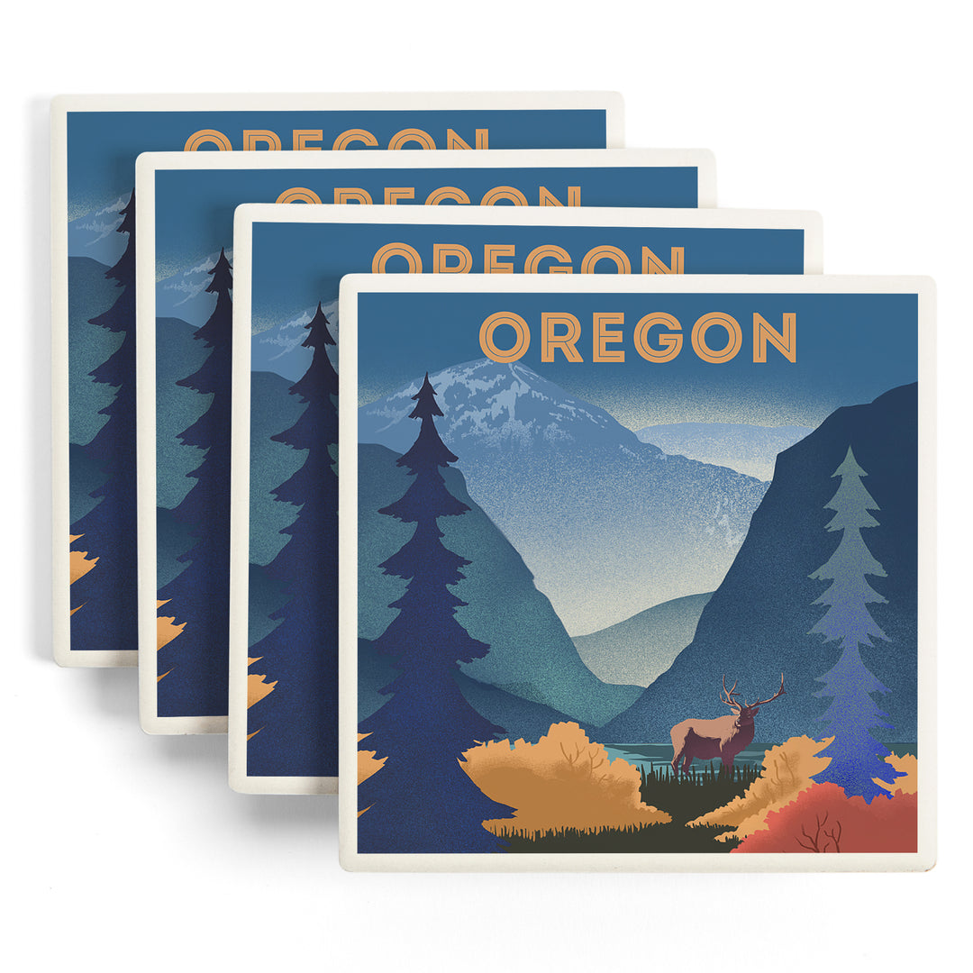 Oregon, Lithograph, Elk and Mountains Scene ceramic coaster set