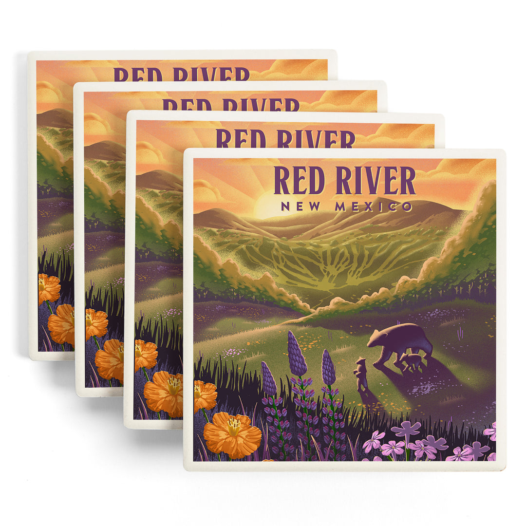 Red River, New Mexico, Lithograph, Bear and Spring Flowers, Ski Mountain, Coasters