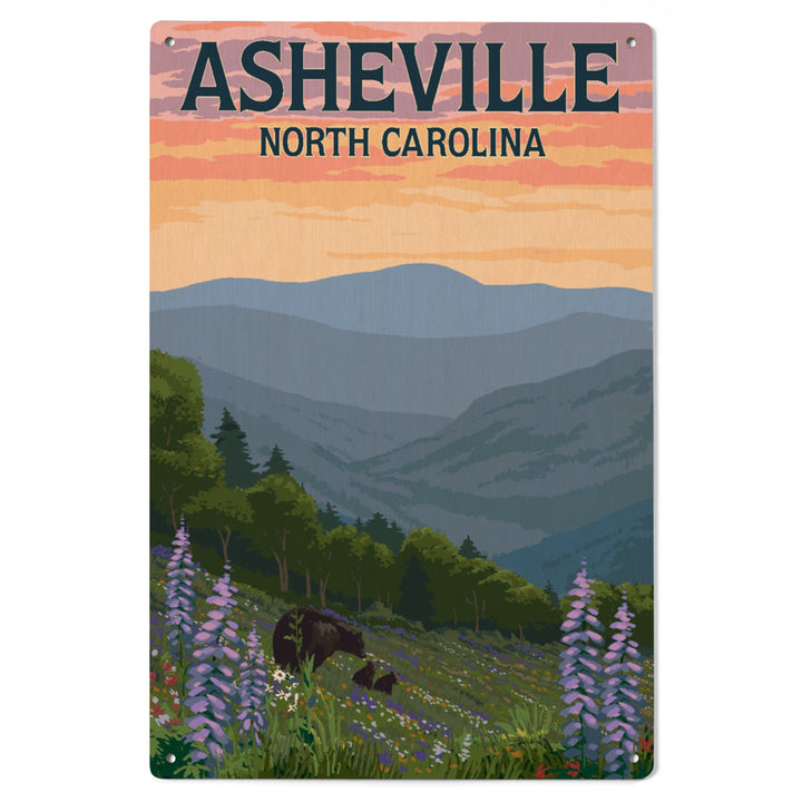 Asheville, North Carolina, Bears and Spring Flowers, Lantern Press Artwork, Wood Signs and Postcards
