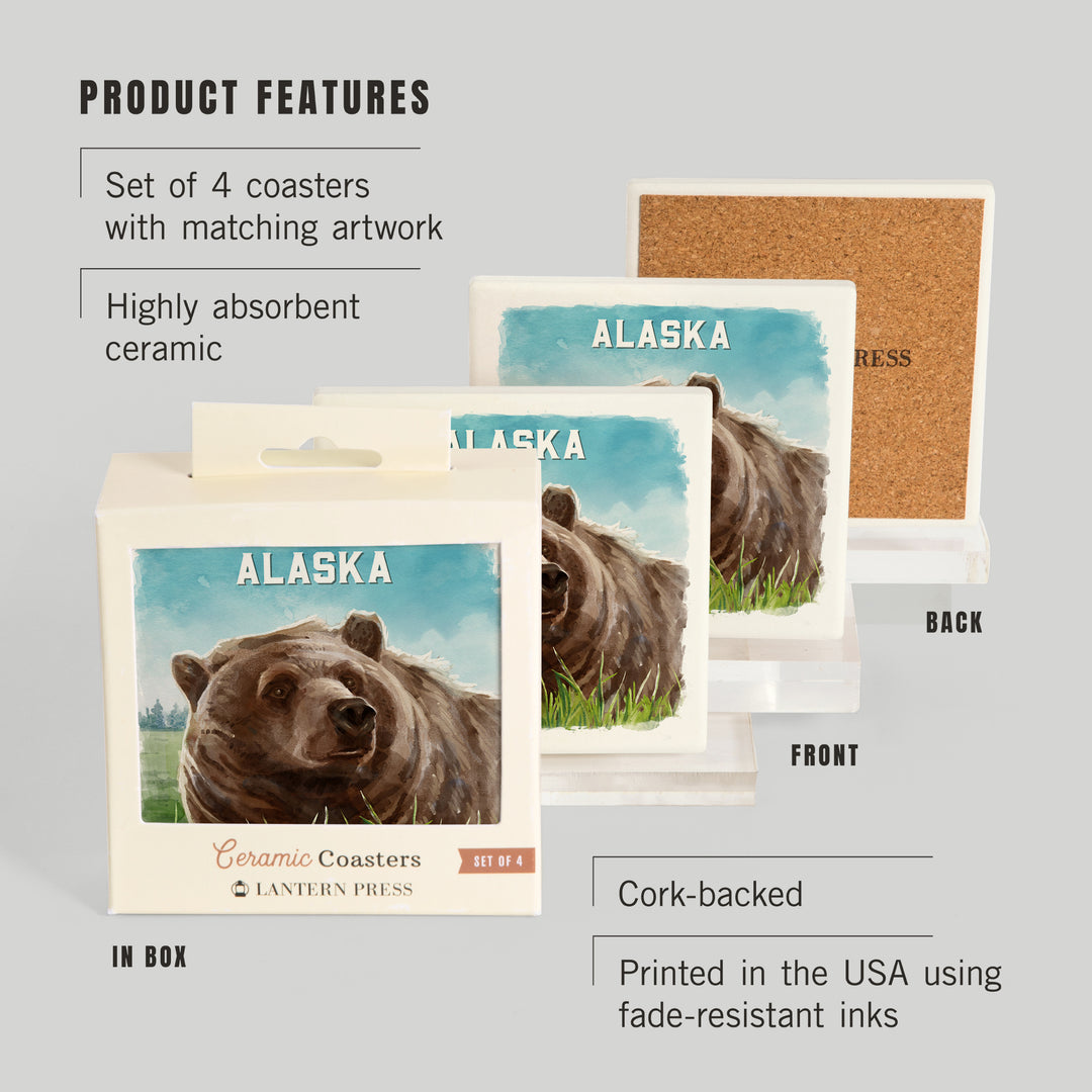 Alaska, Watercolor Study, Grizzly Bear, Coaster Set