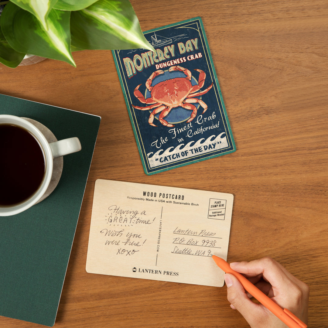 Monterey Bay, California, Dungeness Crab, Vintage, Wood Sign and Postcards