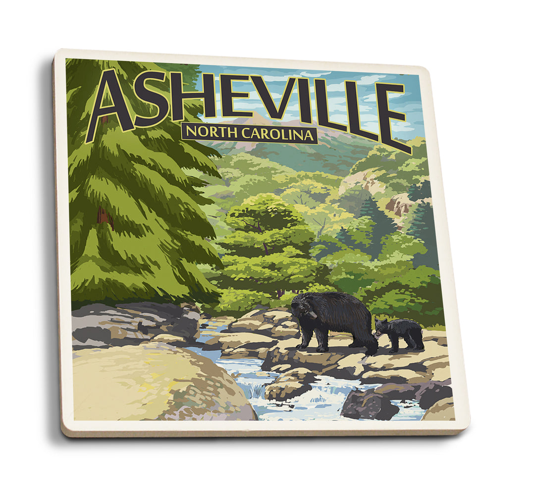 Asheville, North Carolina, Black Bears and Stream, Coaster Set