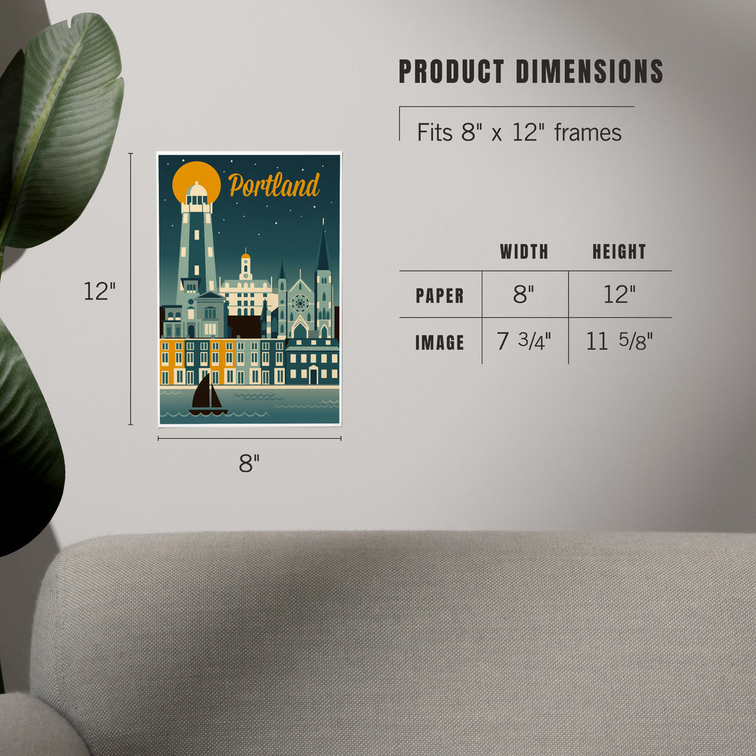 Portland, Maine, Retro Skyline, Art & Giclee Prints