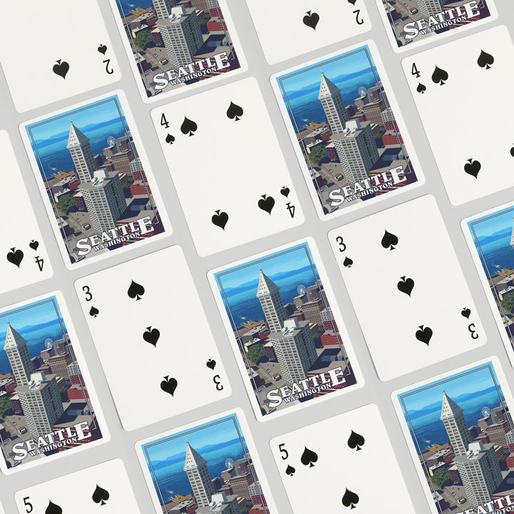 Playing Cards, Seattle, Washington, Smith Tower and Elliott Bay, 52 Card Deck with Jokers in Box, Unique Art