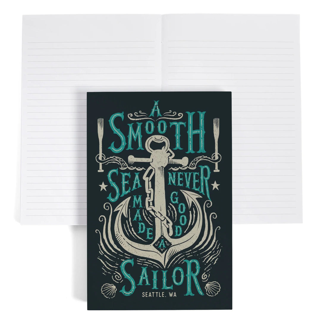 Lined 6x9 Journal, Seattle, Washington, Sailor's Pride Collection, Anchor, A Smooth Sea, Lay Flat, 193 Pages, FSC paper