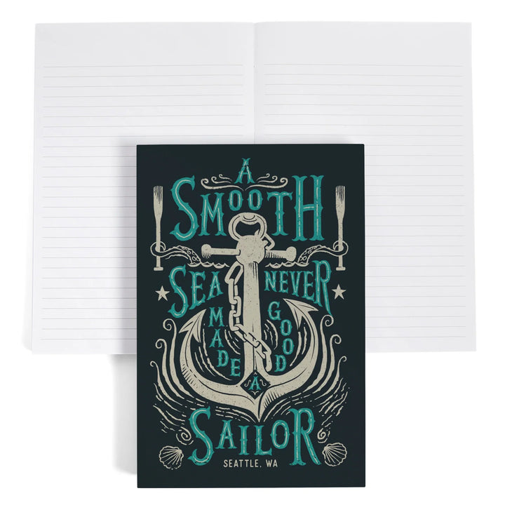 Lined 6x9 Journal, Seattle, Washington, Sailor's Pride Collection, Anchor, A Smooth Sea, Lay Flat, 193 Pages, FSC paper