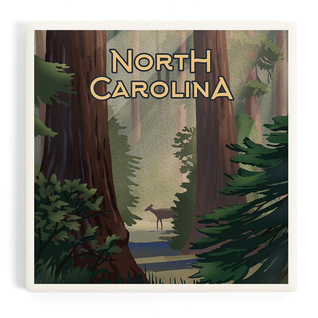 North Carolina, Lithograph, Deer in Forest, Coasters