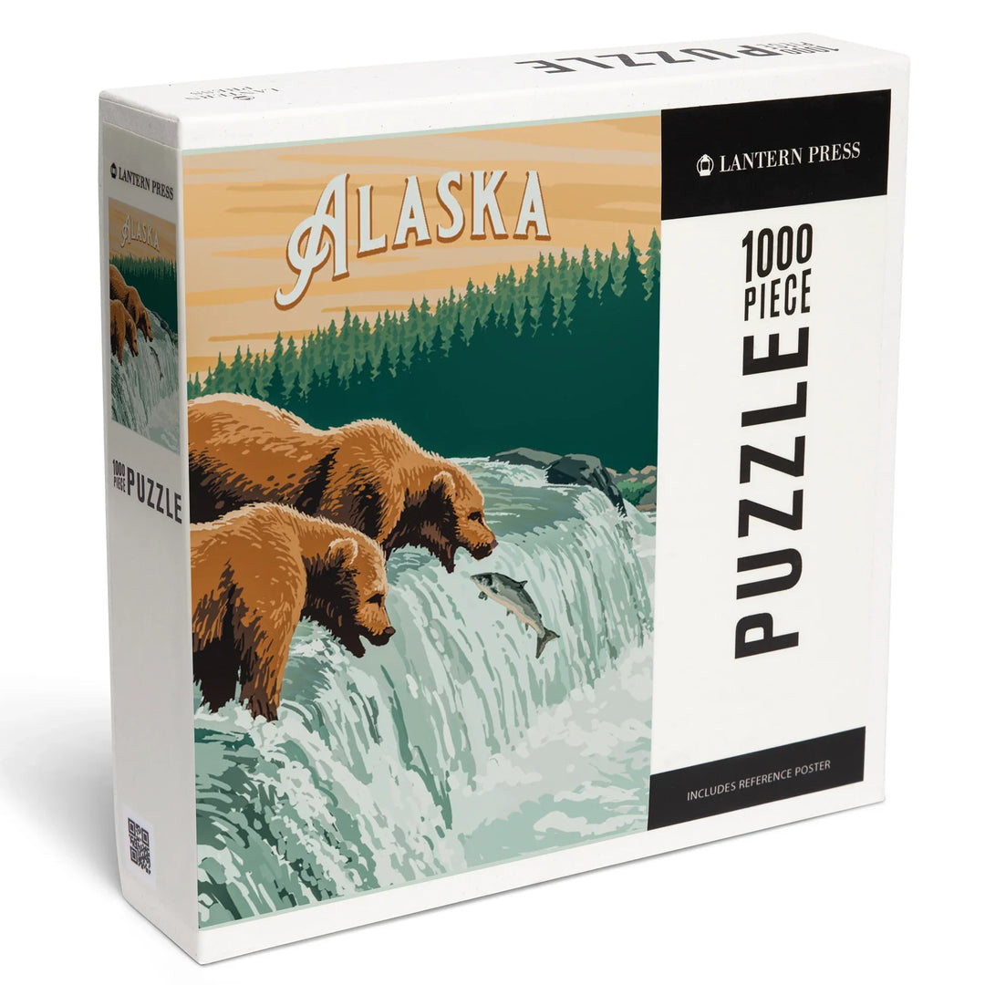 Alaska, Painterly, Grizzly Bears at Salmon Run, 1000 Piece Jigsaw Puzzle