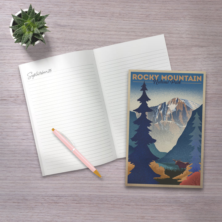 Lined 6x9 Journal, Rocky Mountain National Park, Colorado, Moose and Lake, Lithograph, Lay Flat, 193 Pages, FSC paper
