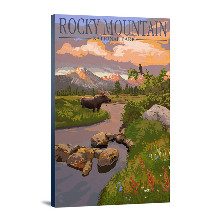 Rocky Mountain National Park, Colorado, Moose & Meadow, Lantern Press Artwork, Stretched Canvas