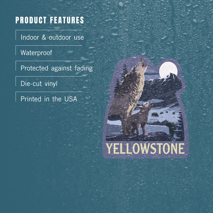 Yellowstone National Park, Wyoming, Wolves & Full Moon, Contour, Lantern Press Artwork, Vinyl Sticker