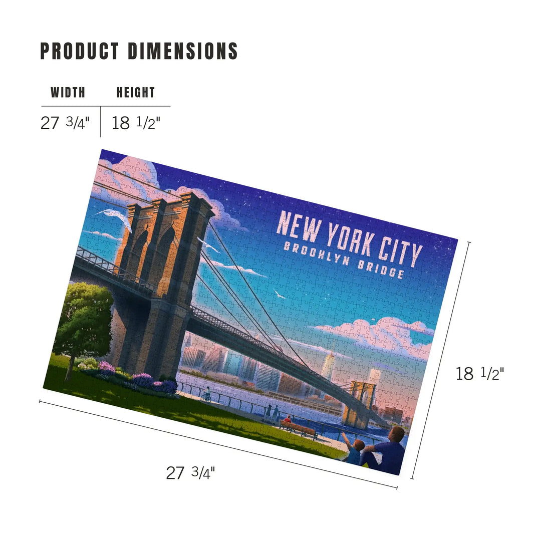 New York City, New York, Lithograph, Brooklyn Bridge at Dusk, Jigsaw Puzzle