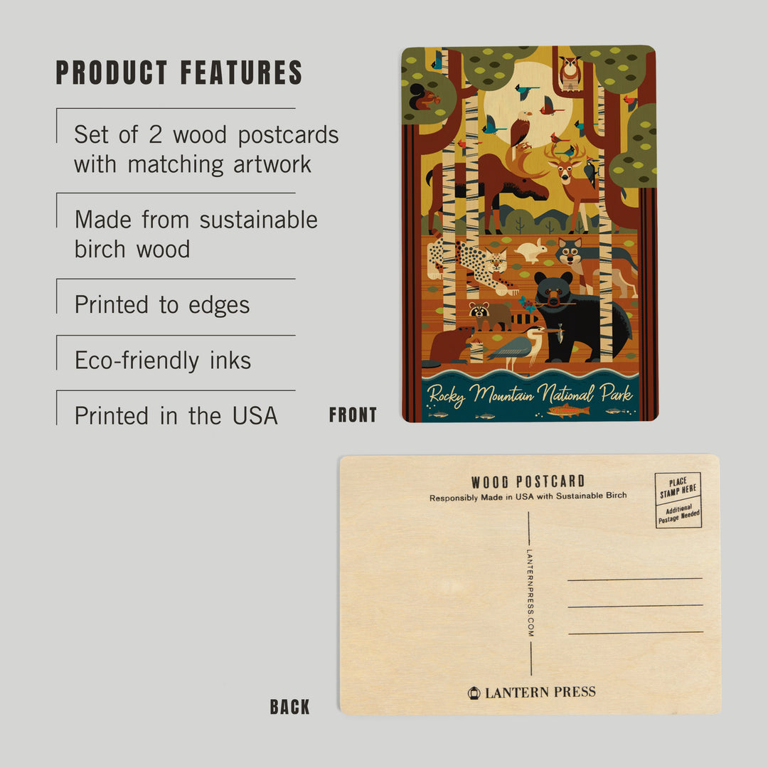 Rocky Mountain National Park, Colorado, Geometric, Forest Animals, Wood Sign and Postcards