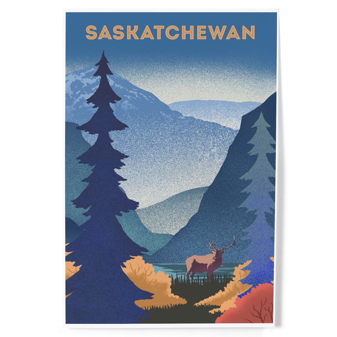 Saskatchewan, Lithograph, Elk and Mountains Scene, Art & Giclee Prints