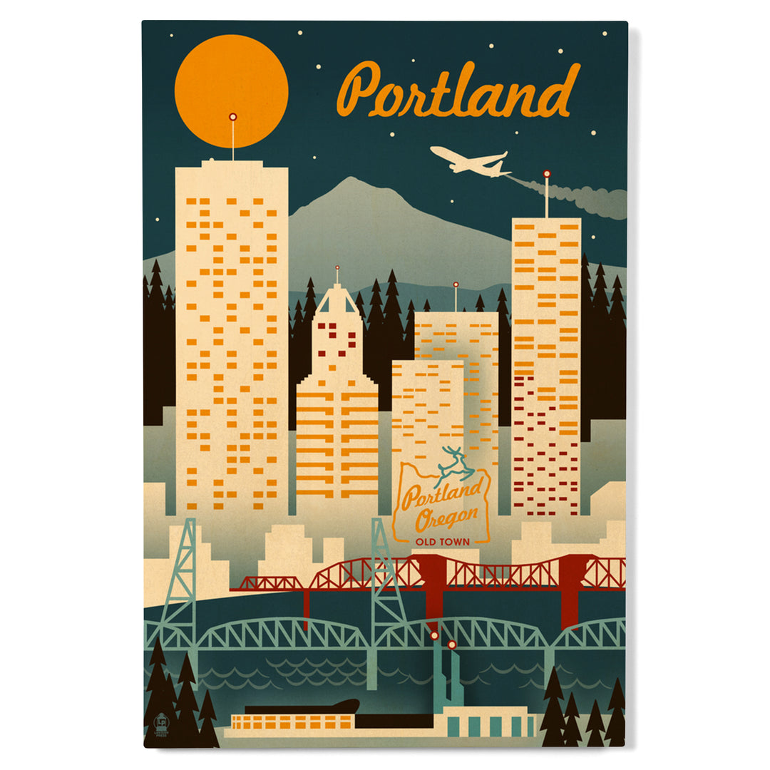 Portland, Oregon, Retro Skyline, Lantern Press Artwork, Wood Signs and Postcards