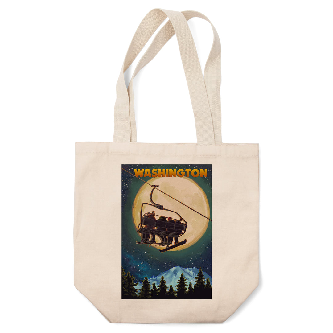 Washington Ski Lift, Full Moon Snowboarder, Tote Bag
