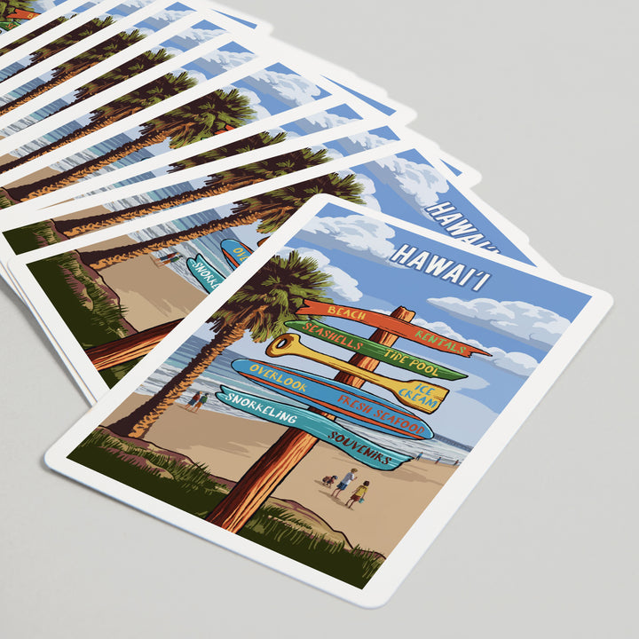 Playing Cards, Hawaii, Signpost, Coast Beach with Palms, 52 Card Deck with Jokers in Box, Unique Art