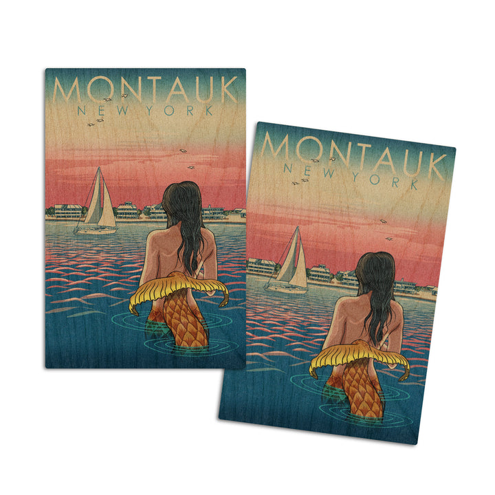 Montauk, New York, Mermaid & Beach, Woodblock Print, Lantern Press Artwork, Wood Signs and Postcards