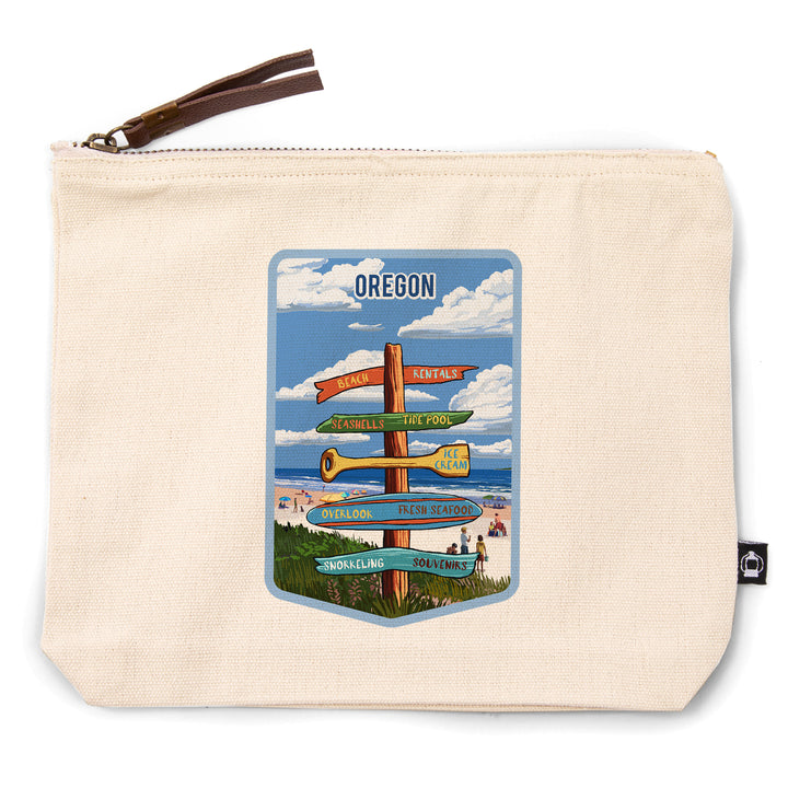 Oregon, Signpost, Coast Beach with Umbrellas,, Organic Cotton Zipper Pouch, Go Bag