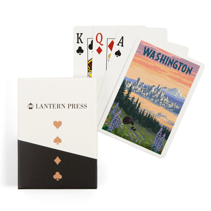 Playing Cards, Seattle, Washington, Bear and Spring Flowers, 52 Card Deck with Jokers in Box, Unique Art