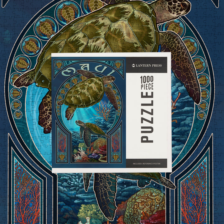 Maui, Hawaii, Sea Turtle Art Nouveau, Jigsaw Puzzle