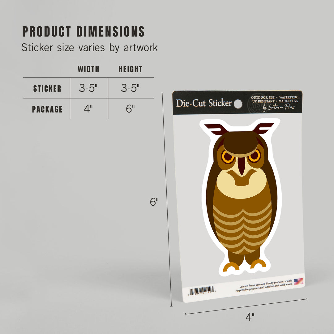 Owl, Dark Brown, Geometric, Contour, Lantern Press Artwork, Vinyl Sticker