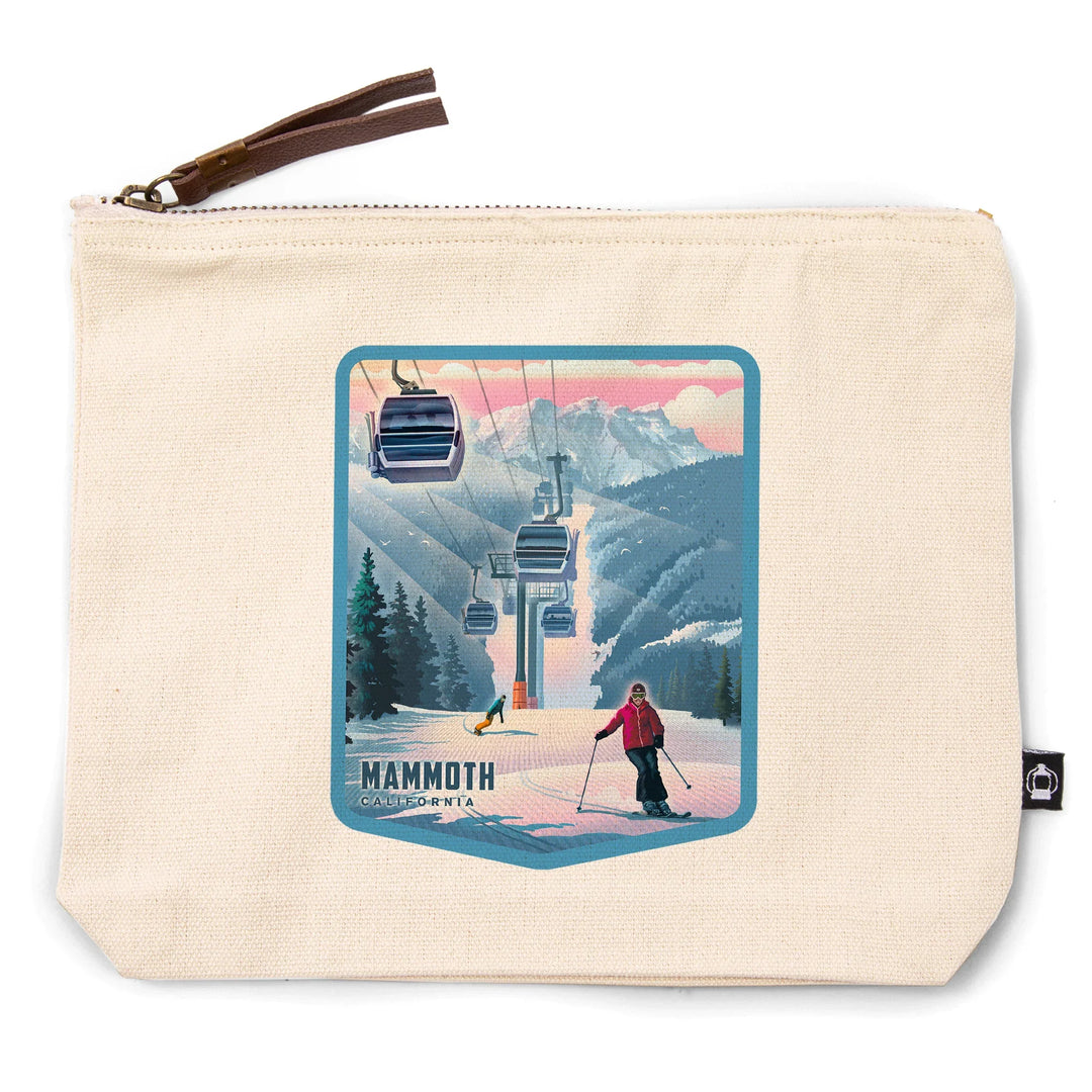 Mammoth, California, Lithograph, Gondolas and Ski Hill, Organic Cotton Zipper Pouch, Go Bag
