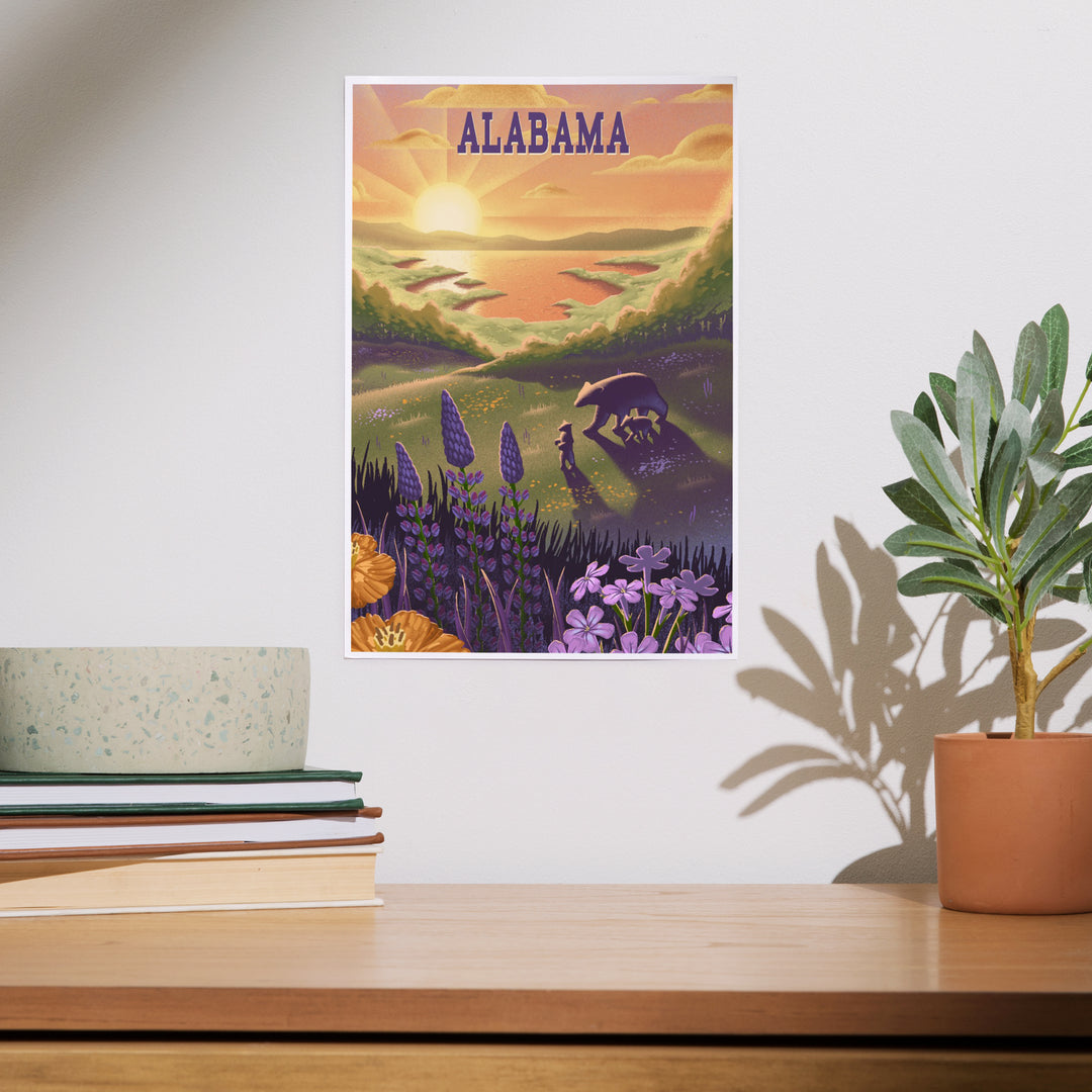 Alabama, Lithograph, Bear and Spring Flowers, Lake, Art & Giclee Prints