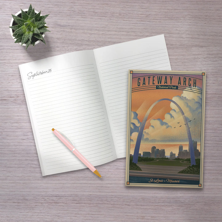 Lined 6x9 Journal, Gateway Arch National Park, Missouri, Lithograph National Park Series, Lay Flat, 193 Pages, FSC paper