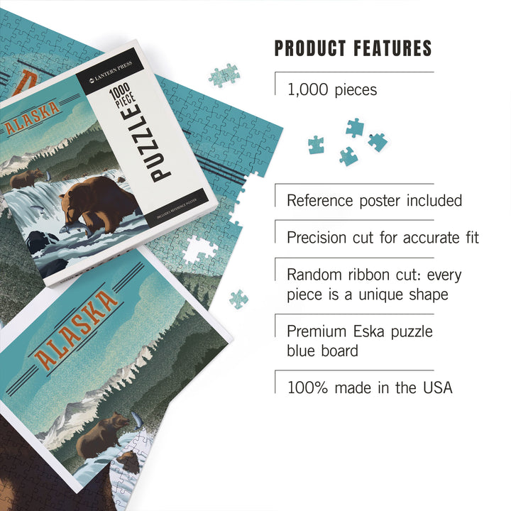 Alaska, Lithograph, Bears at Salmon Run, 1000 Piece Jigsaw Puzzle