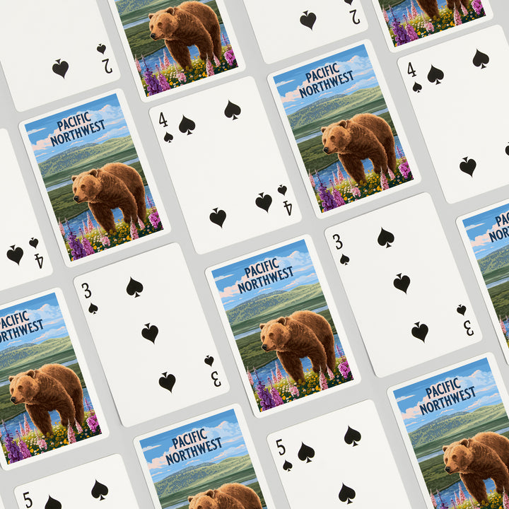 Playing Cards, Pacific Northwest, Painterly, Grizzly Bear in Meadow, 52 Card Deck with Jokers in Box, Unique Art