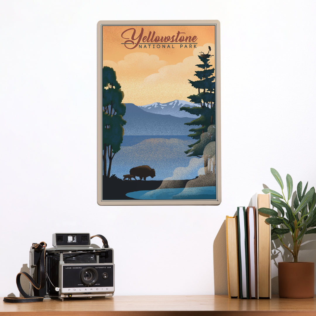 Yellowstone National Park, Bison and Lake, Lithograph National Park Series, Metal Signs