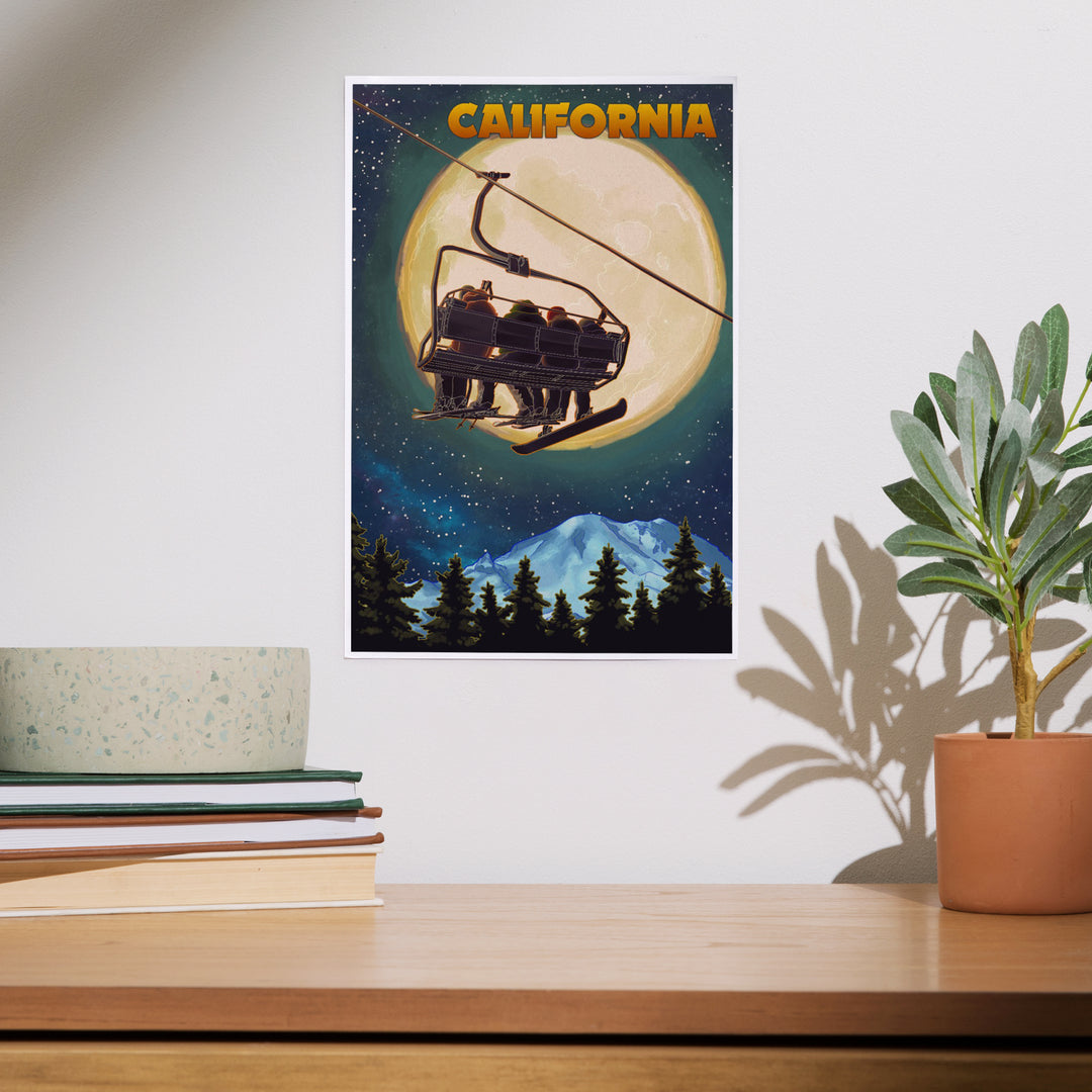 California, Ski Lift, Full Moon, Snowboard, Art & Giclee Prints