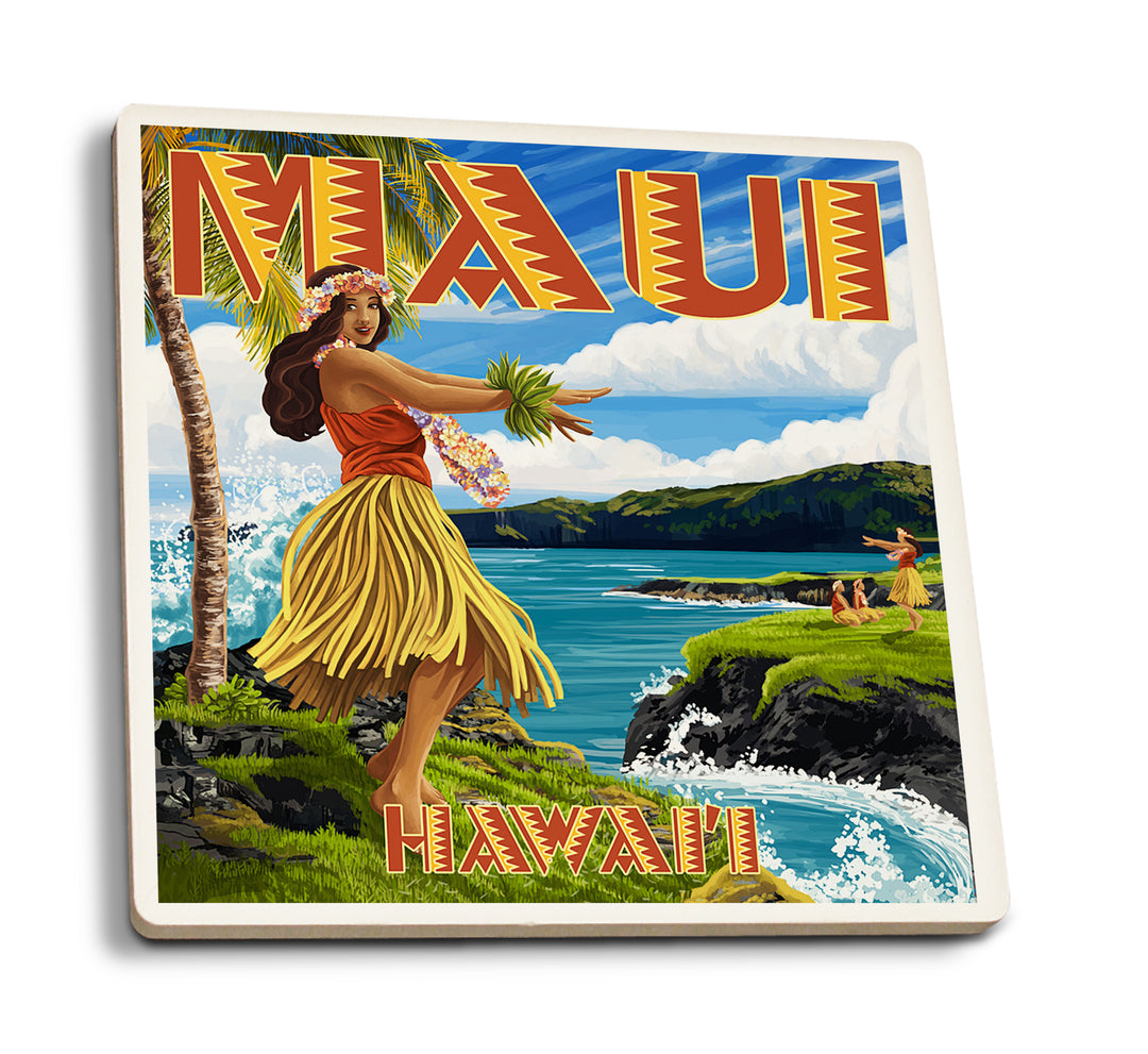 Maui, Hawaii, Hula Girl on Coast, Coaster Set