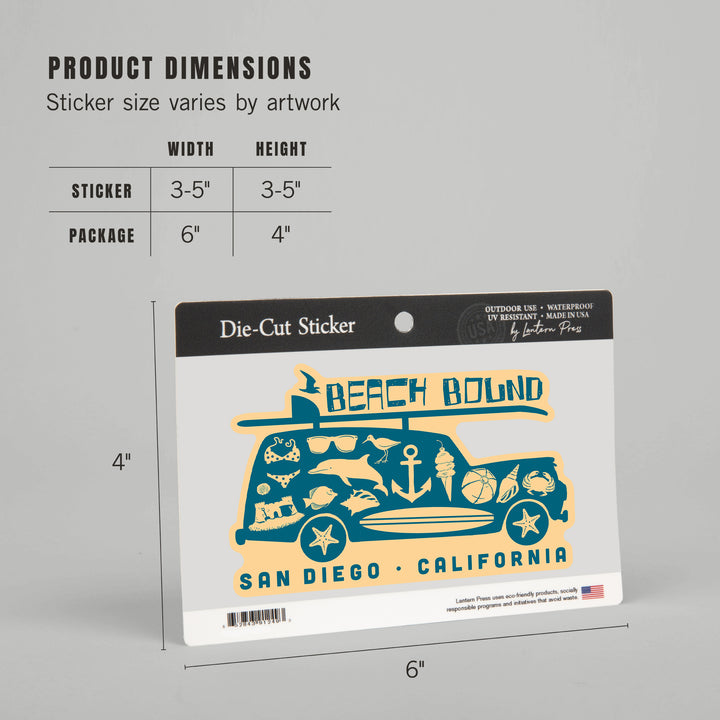 San Diego, California, Coastal Icons, Contour, Lantern Press Artwork, Vinyl Sticker