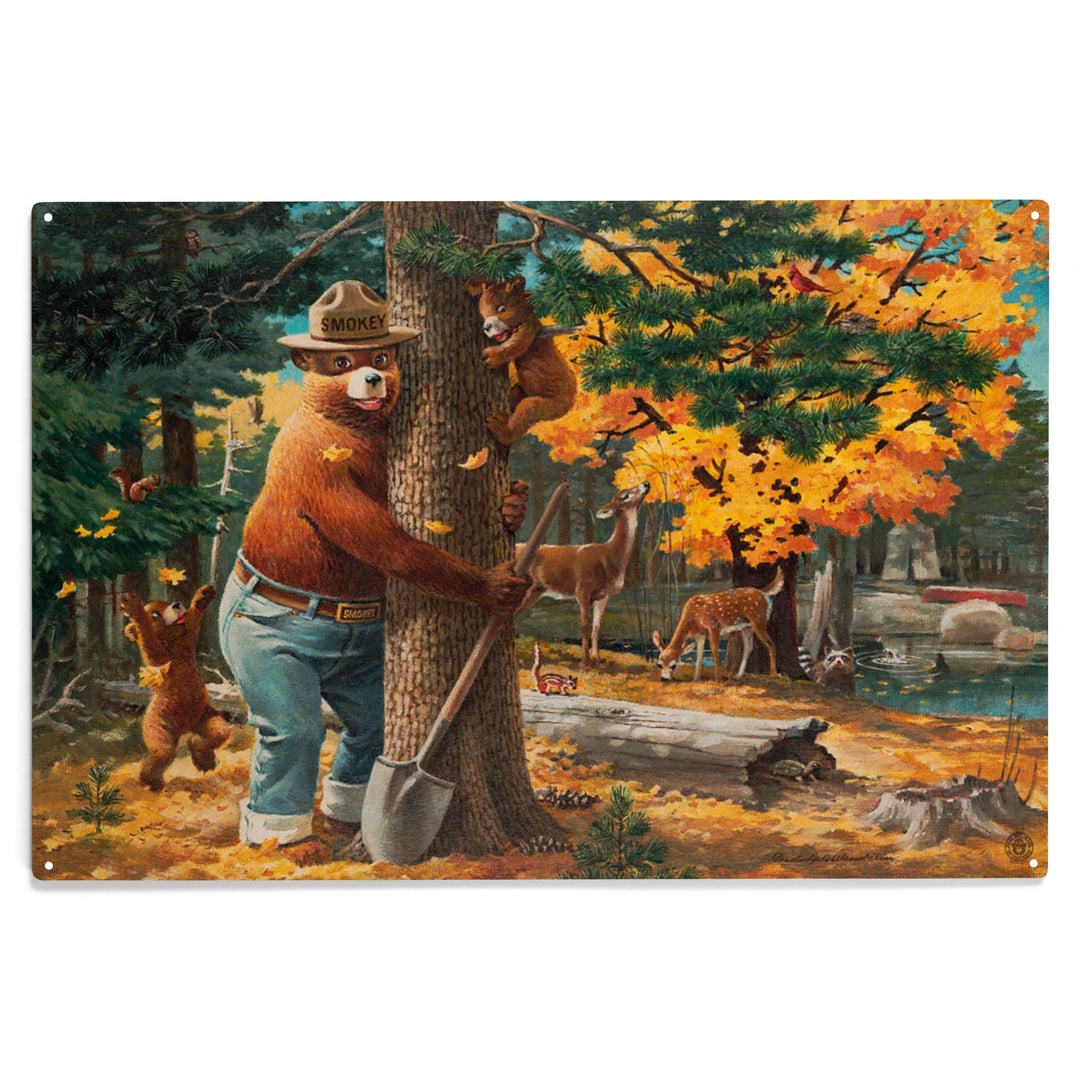 Smokey Bear Hugging Tree, Officially Licensed, Wood Sign and Postcards