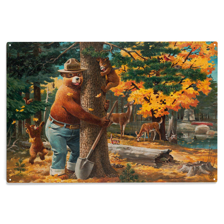 Smokey Bear Hugging Tree, Officially Licensed, Wood Sign and Postcards