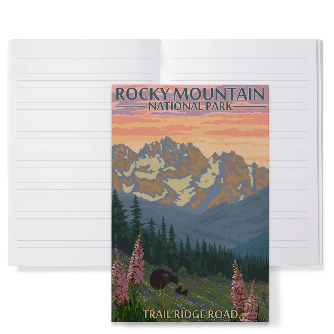 Lined 6x9 Journal, Rocky Mountain National Park, Colorado, Trail Ridge Road, Bear and Spring Flowers, Lay Flat, 193 Pages, FSC paper
