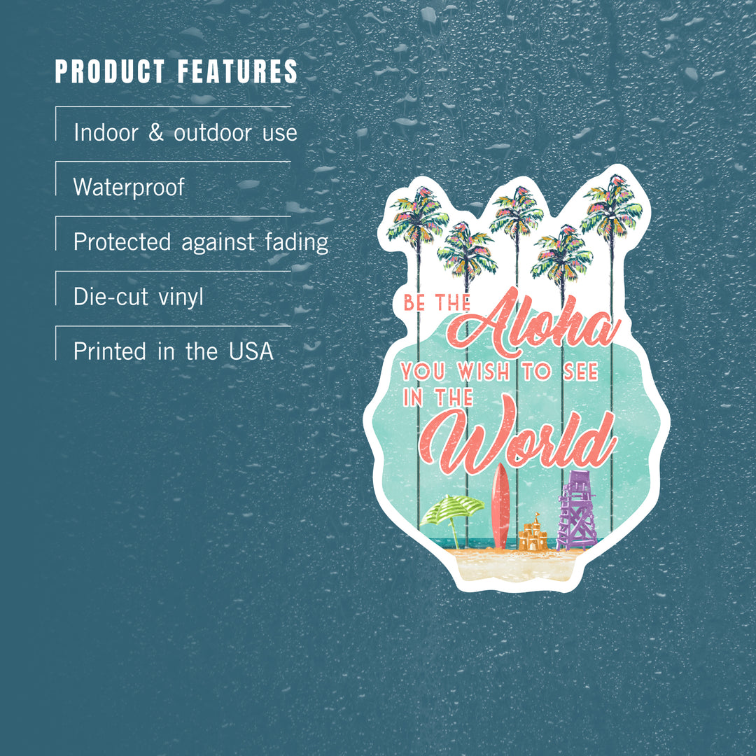 Be the Aloha, Tall Palms Beach Scene, Contour, Lantern Press Artwork, Vinyl Sticker